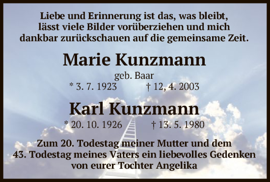 Traueranzeige von Marie und Karl Kunzmann von HZ